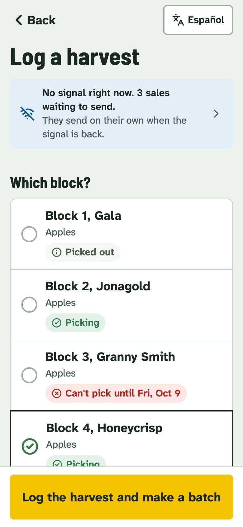 Logging a harvest in the staff app