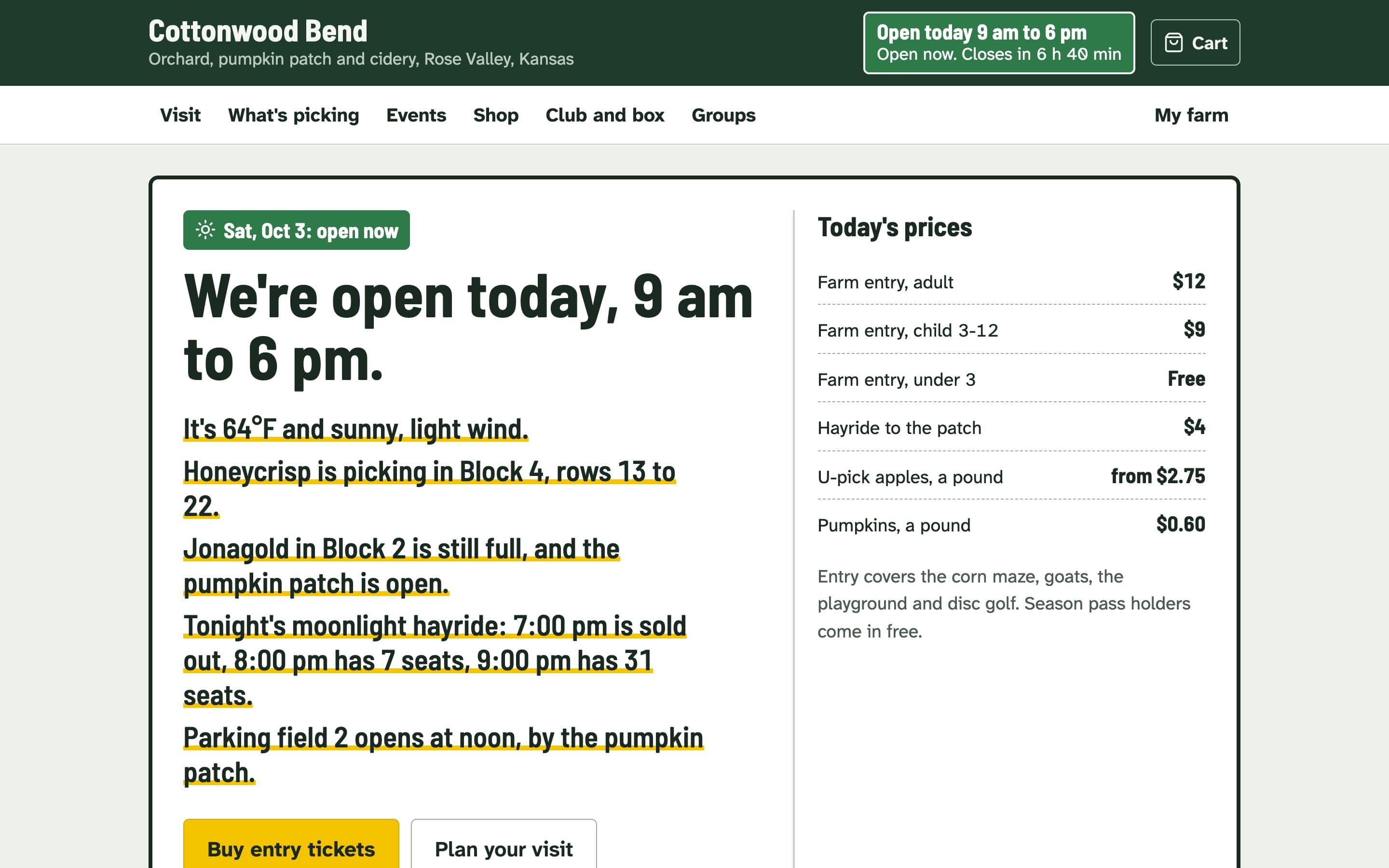 The farm's website showing it is open today